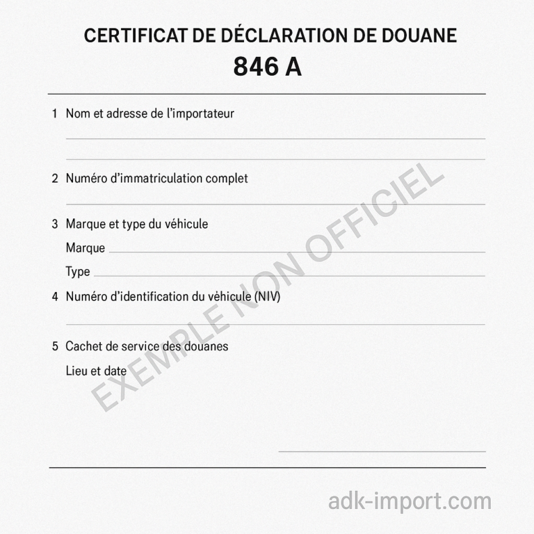 Formulaire illustratif du certificat 846A pour véhicule importé, avec champs à remplir et filigrane adk-import.com