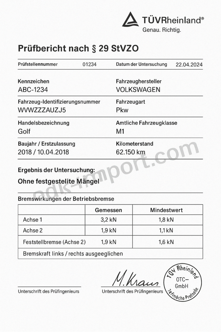 Document illustratif de contrôle technique TÜV Rheinland avec données du véhicule, résultats et filigrane adk-import.com