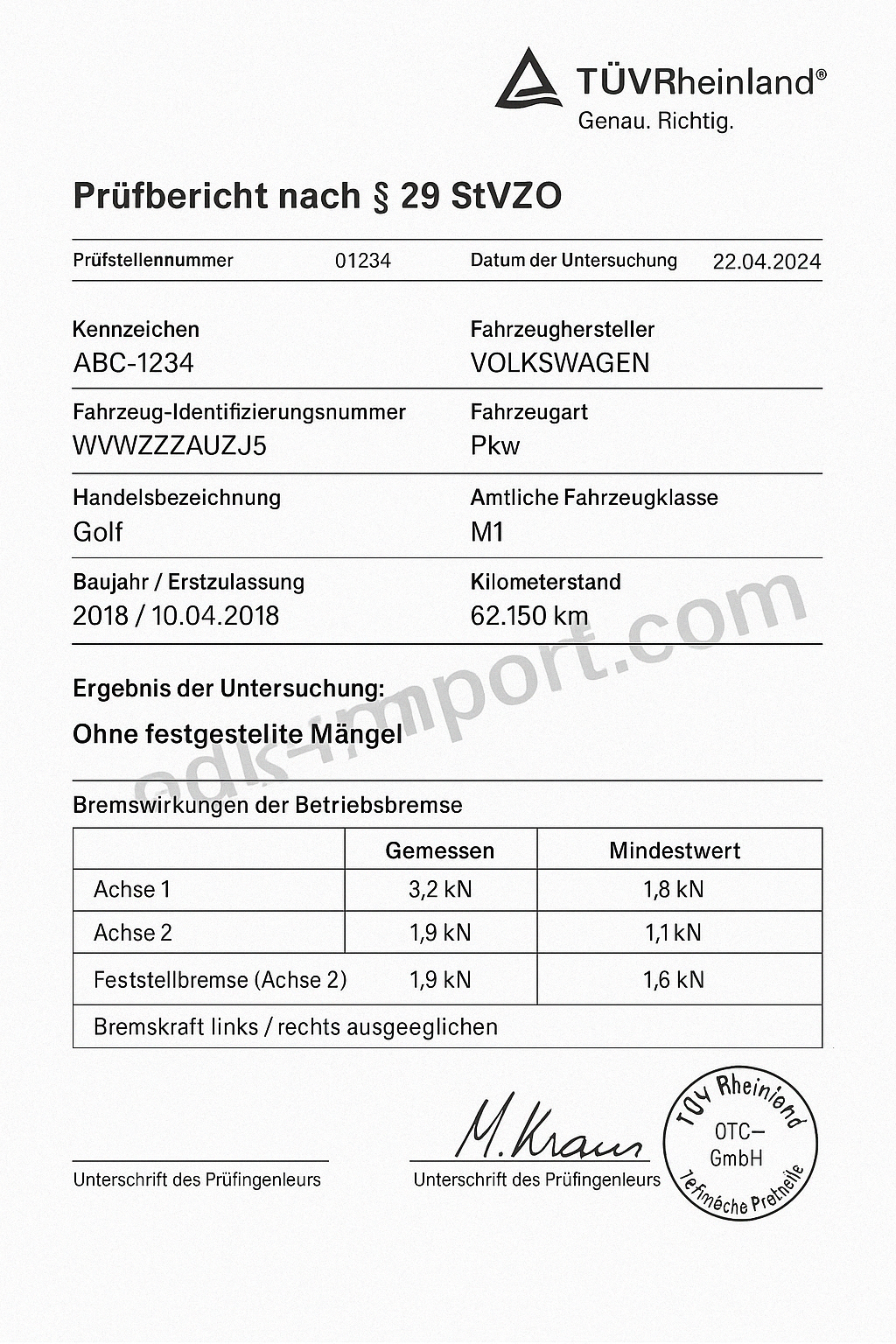 Document illustratif de contrôle technique TÜV Rheinland avec données du véhicule, résultats et filigrane adk-import.com