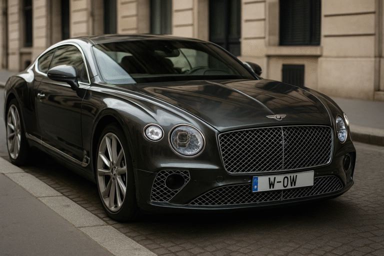 Bentley Continental GT occasion gris métal stationnée en ville, proposée par ADK-Import en France et Allemagne.