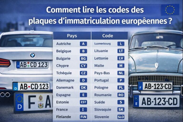 Illustration expliquant comment lire les codes des plaques d’immatriculation européennes pour identifier le pays d’origine d’un véhicule