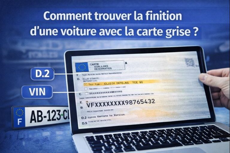 Illustration expliquant comment identifier la finition d’une voiture à partir de la carte grise, du VIN et de l’immatriculation