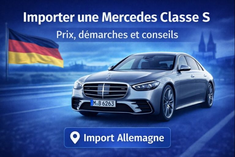 Illustration d’une Mercedes Classe S importée d’Allemagne avec rappel des démarches et du budget pour l’immatriculation en France